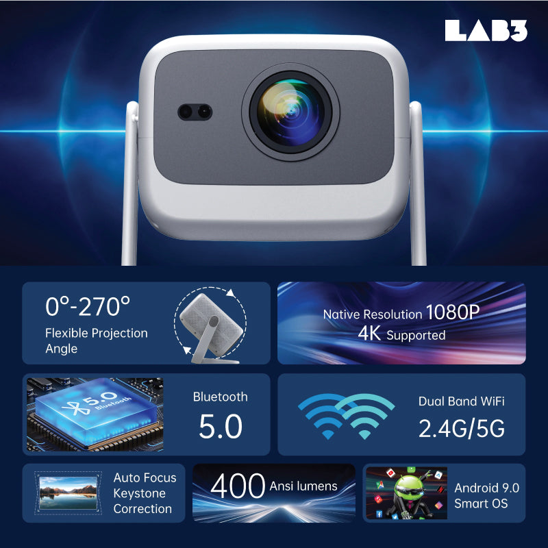 LAB001 Float Pro Projector 4K 4000 lumen Ray Short throw Smart Mini Android Screen Mirror Cinema Mini Projector Grey